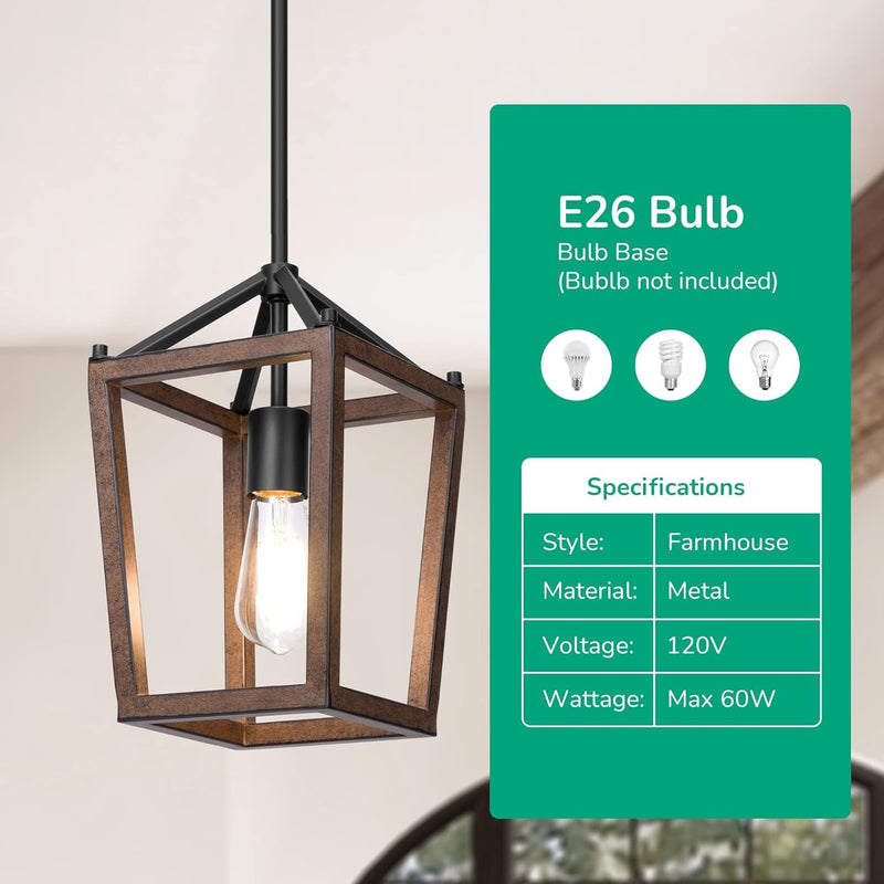 EDISHINE Pendant Lights for Kitchen Island, 1-Light Farmhouse Cage Hanging Light Fixtures, Rustic Wood with Brown Finish, Adjustable Height Pendant Light for Dining Room, Allway and Foyer