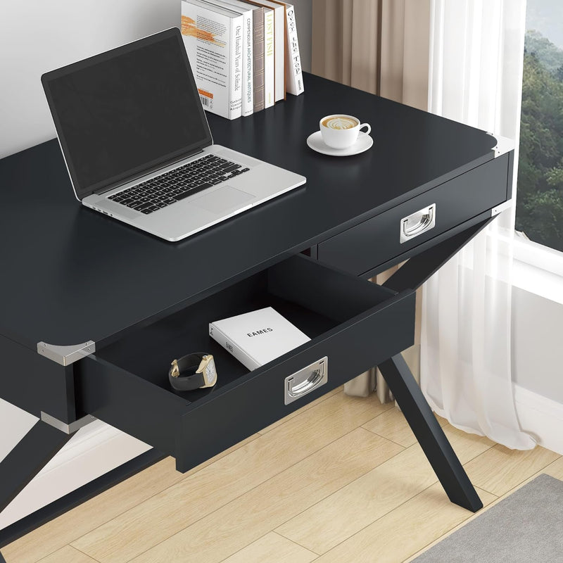 Bellemave Computer Desk Home Office Desk with Storage Drawers Solid Wood Desk Study Table Writing Desk for Home Office, Small Writing, Easy Assemble (Black)