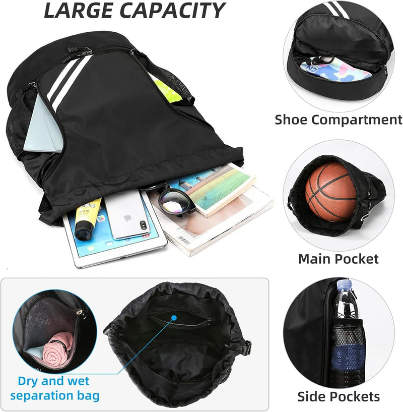 Drawstring Backpack Bag Beach Sports Yoga Gym Bag with Side Mesh Pockets, Basketball Bag with Shoes Compartment for Women Men