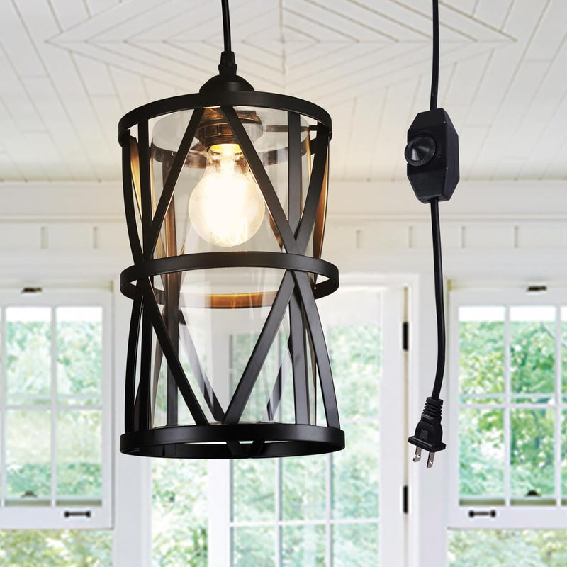 DLLT 3-Light Industrial Pendant Light, Black Metal Cage Hanging Chandelier Lights with Glass Shade, Vintage Style Flush Mount Swag Lighting Fixture for Kitchen/Dining Room/Hallway/Bedroom, E26 Base