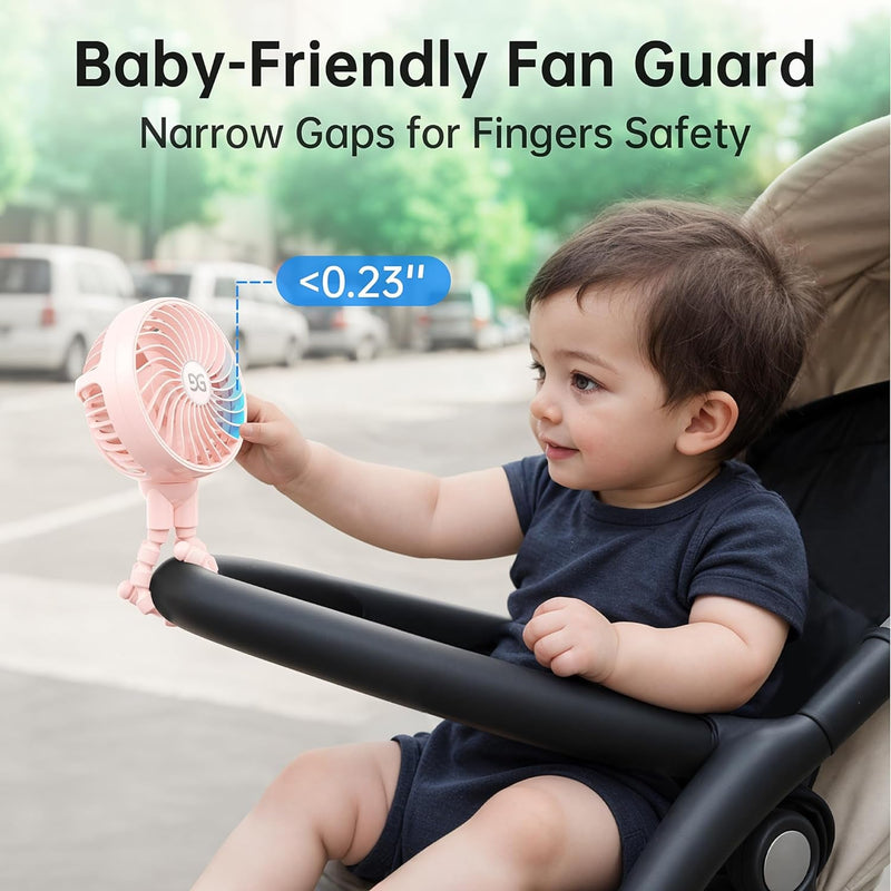 GUSGU Stroller Fan Clip on for Baby, Flexible Tripod & Rechargeable Battery, Small Personal Fan, Mini Portable Fan for Travel, Handheld, Car (Pink)