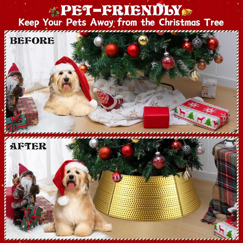 Christmas Tree Collar 28" Metal Gold Christmas Tree Skirt Stand Base Cover for Artificial Trees 5 Panel Hammered Christmas Tree Ring Protection from Pets Xmas Decorations