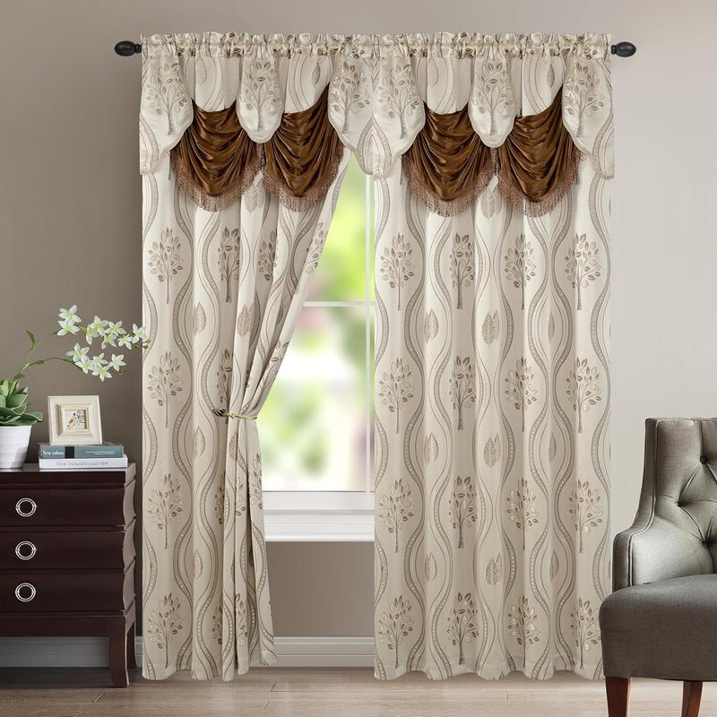 Elegant Comfort Luxurious Beautiful Curtain Panel Set with Attached Valance and Backing 54" X 84 Inch (Set of 2), Beige