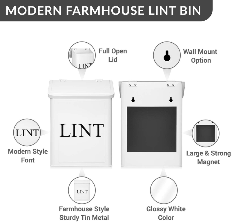 Calindiana Modern Farmhouse Metal Magnetic Lint Bin for Laundry Room Decor and Accessories with Lid and Laundry Room Organization and Storage Wall Mount Space Saving Washer and Dryer Trash Can, White Home & Garden > Decor > Seasonal & Holiday Decorations Calindiana   