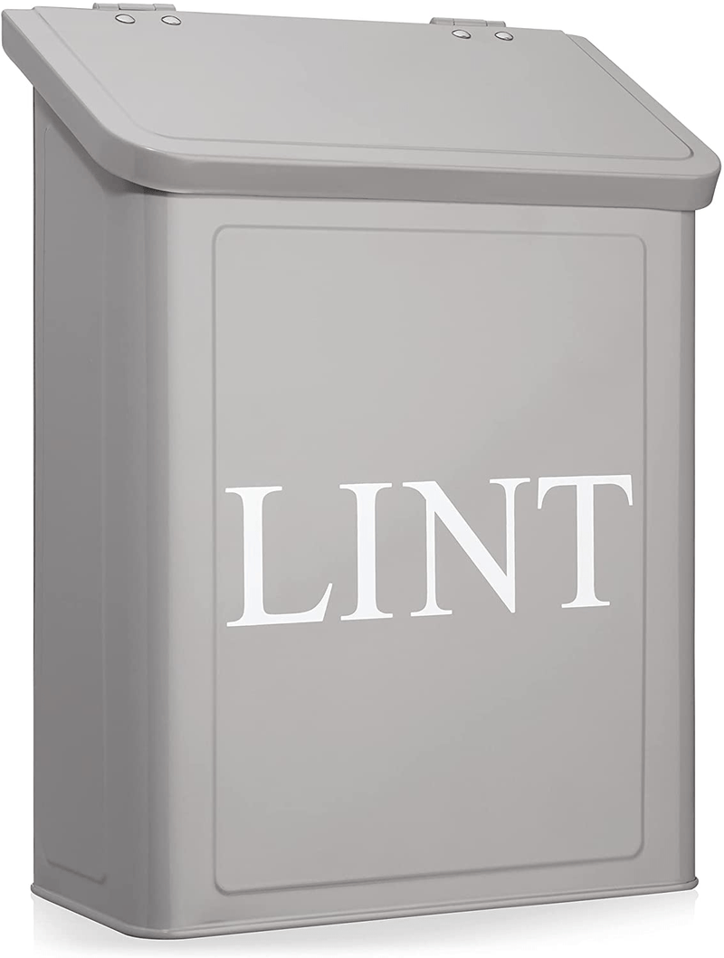 Calindiana Modern Farmhouse Metal Magnetic Lint Bin for Laundry Room Decor and Accessories with Lid and Laundry Room Organization and Storage Wall Mount Space Saving Washer and Dryer Trash Can, White Home & Garden > Decor > Seasonal & Holiday Decorations Calindiana Grey  
