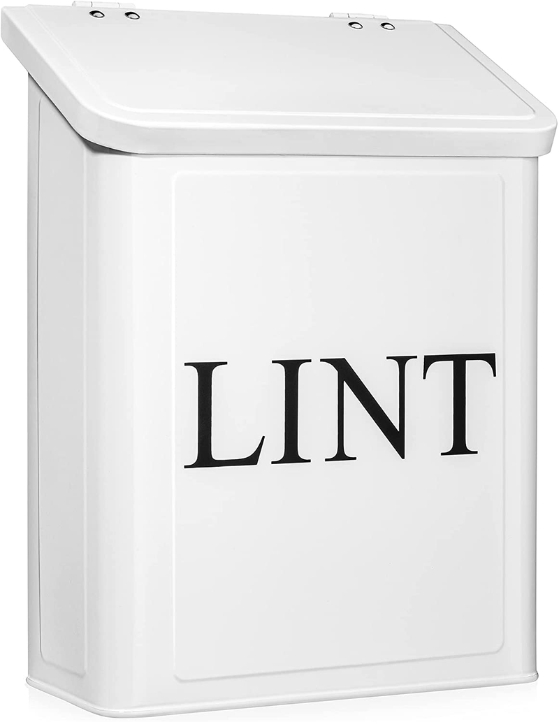 Calindiana Modern Farmhouse Metal Magnetic Lint Bin for Laundry Room Decor and Accessories with Lid and Laundry Room Organization and Storage Wall Mount Space Saving Washer and Dryer Trash Can, White Home & Garden > Decor > Seasonal & Holiday Decorations Calindiana White  