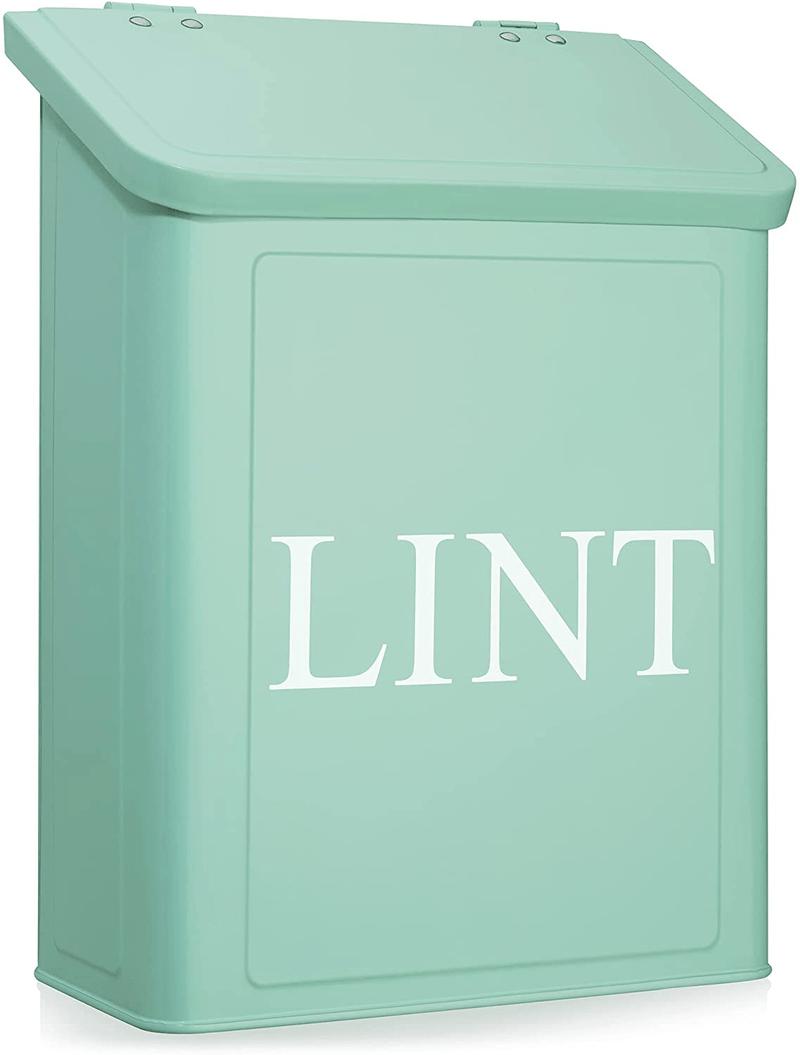 Calindiana Modern Farmhouse Metal Magnetic Lint Bin for Laundry Room Decor and Accessories with Lid and Laundry Room Organization and Storage Wall Mount Space Saving Washer and Dryer Trash Can, White Home & Garden > Decor > Seasonal & Holiday Decorations Calindiana Mint  