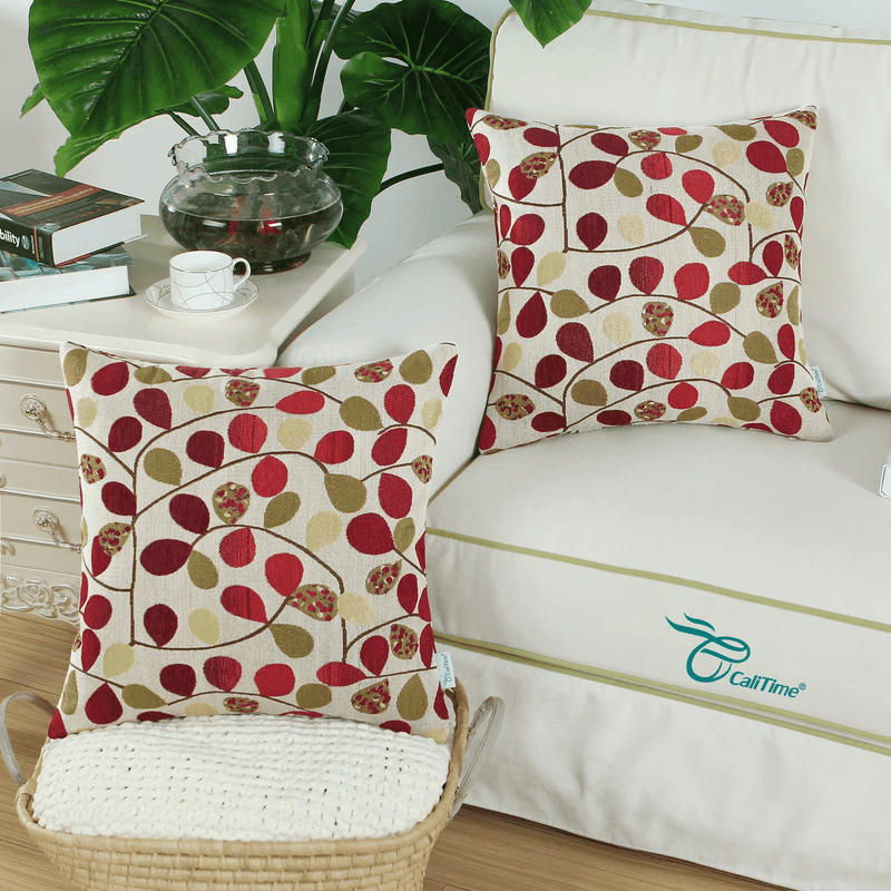 Calitime Cushion Cover Throw Pillow Case Shell for Couch Sofa Home Decoration Luxury Chenille Cute Leaves Both Sides 20 X 20 Inches Ecru Red Home & Garden > Decor > Chair & Sofa Cushions CaliTime   