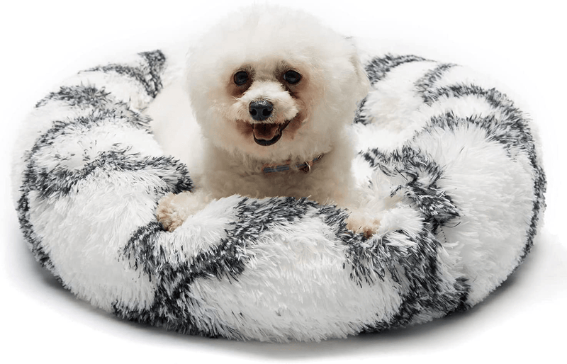 Calming Cat Bed for Cats Dogs Donut round Pet Beds for Small Dogs Fluffy Washable Small Medium Large Dog Beds anti Anxiety Cushion Plush Kennel Animals & Pet Supplies > Pet Supplies > Dog Supplies > Dog Beds HANHVOIS Black White 32 Inch 