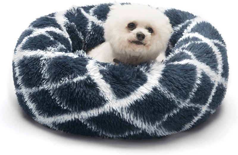 Calming Cat Bed for Cats Dogs Donut round Pet Beds for Small Dogs Fluffy Washable Small Medium Large Dog Beds anti Anxiety Cushion Plush Kennel Animals & Pet Supplies > Pet Supplies > Dog Supplies > Dog Beds HANHVOIS Navy Blue White 32 Inch 