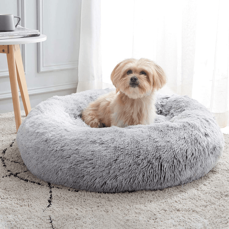 Calming Dog Bed & Cat Bed, Anti-Anxiety Donut Dog Cuddler Bed, Warming Cozy Soft Dog round Bed, Fluffy Faux Fur Plush Dog Cat Cushion Bed for Small Medium Dogs and Cats (20"/24"/27"/30") Animals & Pet Supplies > Pet Supplies > Dog Supplies > Dog Beds WESTERN HOME WH Light Grey 20" 