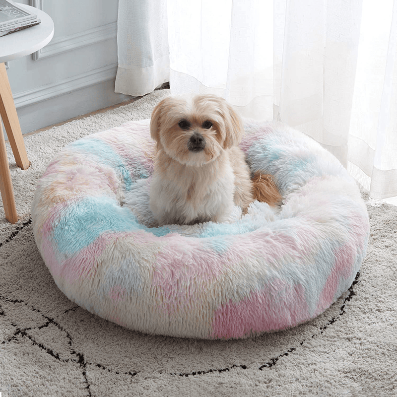 Calming Dog Bed & Cat Bed, Anti-Anxiety Donut Dog Cuddler Bed, Warming Cozy Soft Dog Round Bed, Fluffy Faux Fur Plush Pet Dog Cat Cushion Bed for Small Medium Dogs and Cats (20"/24"/27")
