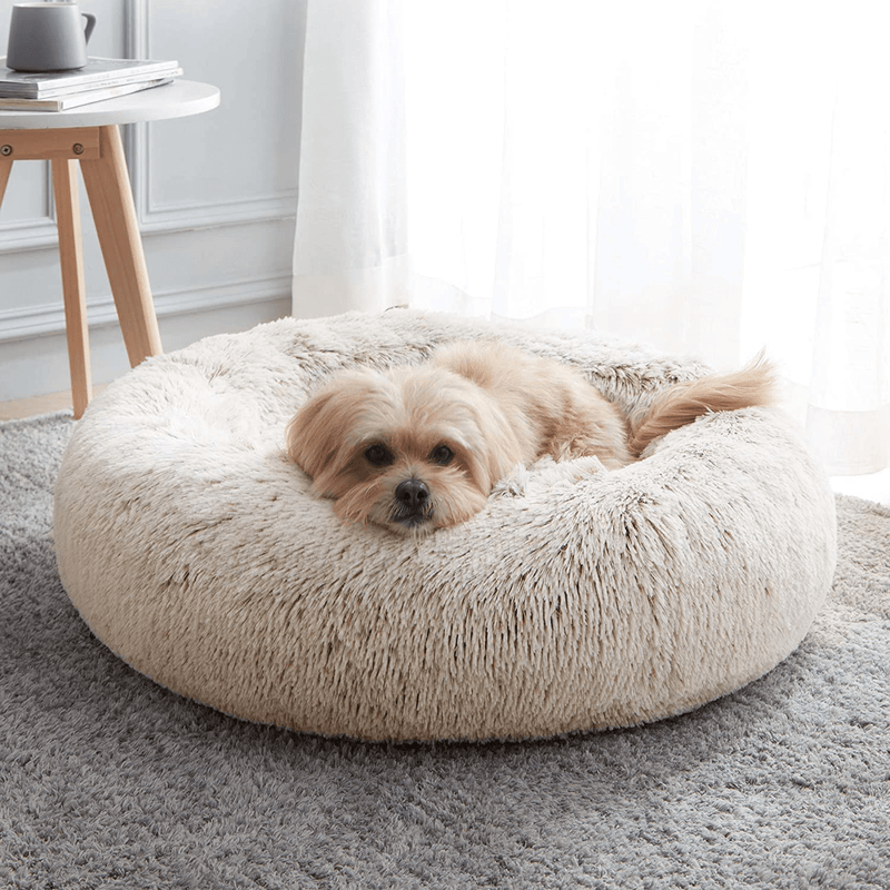 Calming Dog Bed & Cat Bed, Anti-Anxiety Donut Dog Cuddler Bed, Warming Cozy Soft Dog Round Bed, Fluffy Faux Fur Plush Pet Dog Cat Cushion Bed for Small Medium Dogs and Cats (20"/24"/27") Animals & Pet Supplies > Pet Supplies > Dog Supplies > Dog Beds WESTERN HOME WH White Khaki 24" 