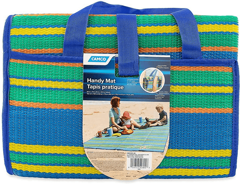 Camco Handy Mat with Strap, Perfect for Picnics, Beaches, RV and Outings, Weather-Proof Resistant (Blue/Green - 60" x 78") - 42805 Home & Garden > Lawn & Garden > Outdoor Living > Outdoor Blankets > Picnic Blankets Camco Blue and Green 60" x 78" 