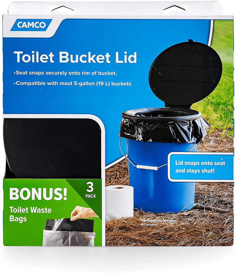 Camco Toilet Seat with Lid with Leak Proof Waste Bags - Transforms Standard 5 Gal. Buckets into a Portable Toilet, Great for Camping, Hiking and Hunting and More (41546)