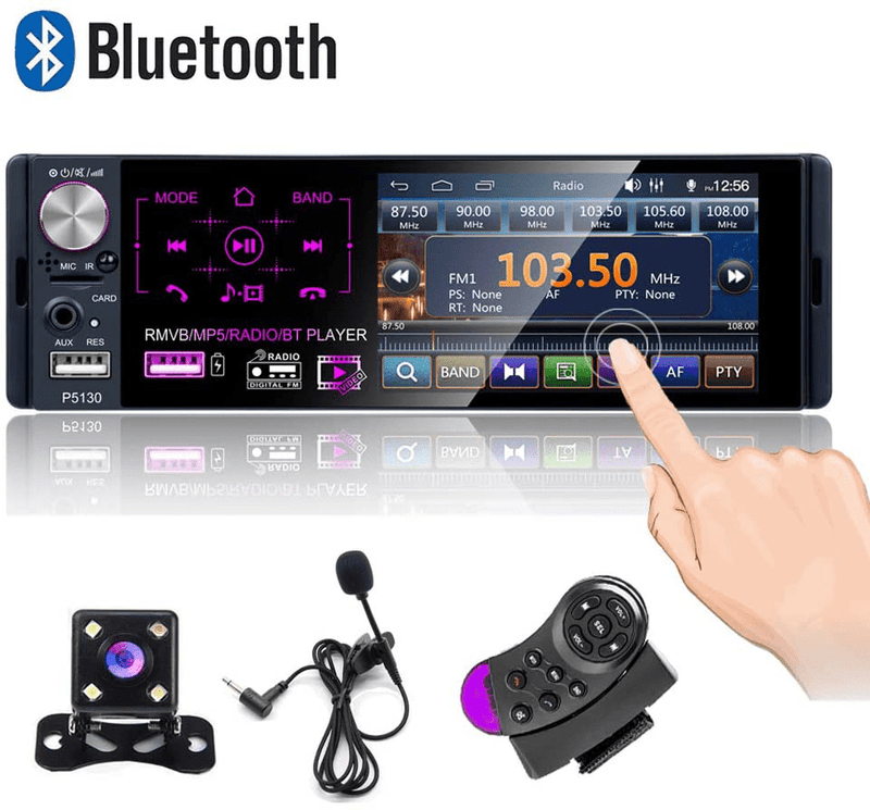 Camecho Single Din Bluetooth Car Radio 4'' Capacitive Touch Screen Car Stereo FM/AM/RDS Radio Receiver with Dual USB/AUX-in/SD Card Port + Backup Camera & Steering Wheel Control