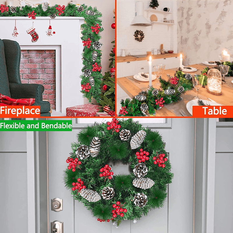 Camlinbo Prelit Christmas Garland Decoration - [9 Foot by 10 Inch] Battery Operated Lighted Christmas Garland with 50 Lights/ Pine Cones/ Red Berries, Xmas Wreath Indoor Outdoor Home Mantel Decor