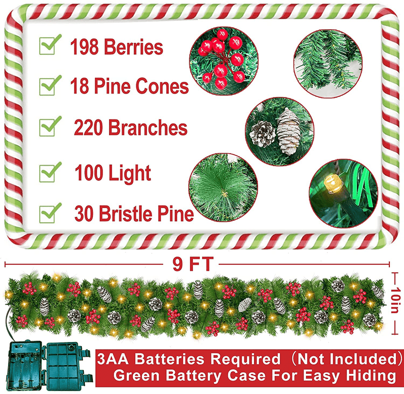 Camlinbo Prelit Christmas Garland Decoration - [9 Foot by 10 Inch] Battery Operated Lighted Christmas Garland with 50 Lights/ Pine Cones/ Red Berries, Xmas Wreath Indoor Outdoor Home Mantel Decor Home & Garden > Decor > Seasonal & Holiday Decorations& Garden > Decor > Seasonal & Holiday Decorations Camlinbo   