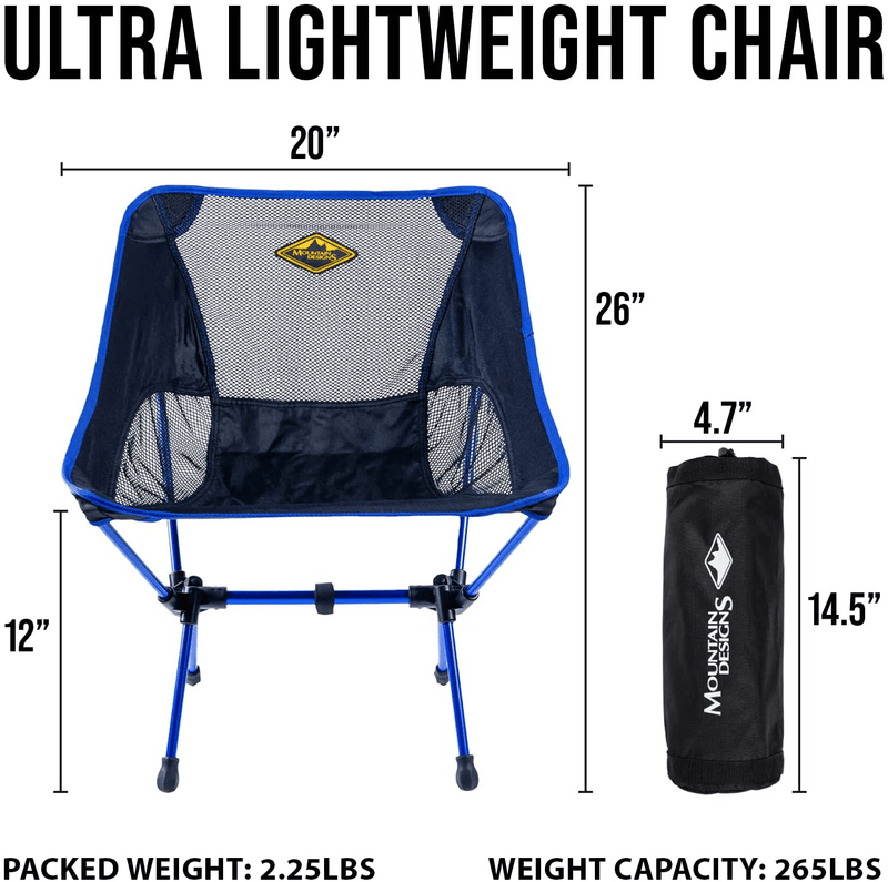 Camp Chair by Mountain Designs | Ultralight Camping Chair for Travellers | Durable Portable Chair Supports 270Lbs | Quick Setup Folding Chairs for Adults Is Ideal for Camping Accessories. Sporting Goods > Outdoor Recreation > Camping & Hiking > Camp Furniture MOUNTAIN DESIGNS PRO-ELITE   