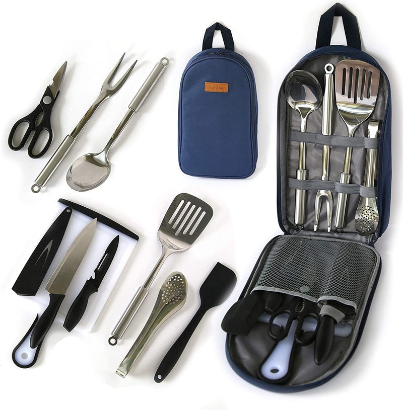 Camp Cooking Utensil Set & Outdoor Kitchen Gear-10 Piece Cookware Kit, Portable Compact Carry Case -For Camping, Hiking, RV, Travel, BBQ, Grilling-Stainless Steel Accessories- Fork, Spoon, Knife, Etc