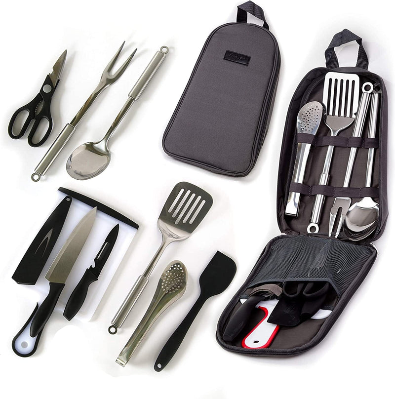 Camp Cooking Utensil Set & Outdoor Kitchen Gear-10 Piece Cookware Kit, Portable Compact Carry Case -For Camping, Hiking, RV, Travel, BBQ, Grilling-Stainless Steel Accessories- Fork, Spoon, Knife, Etc
