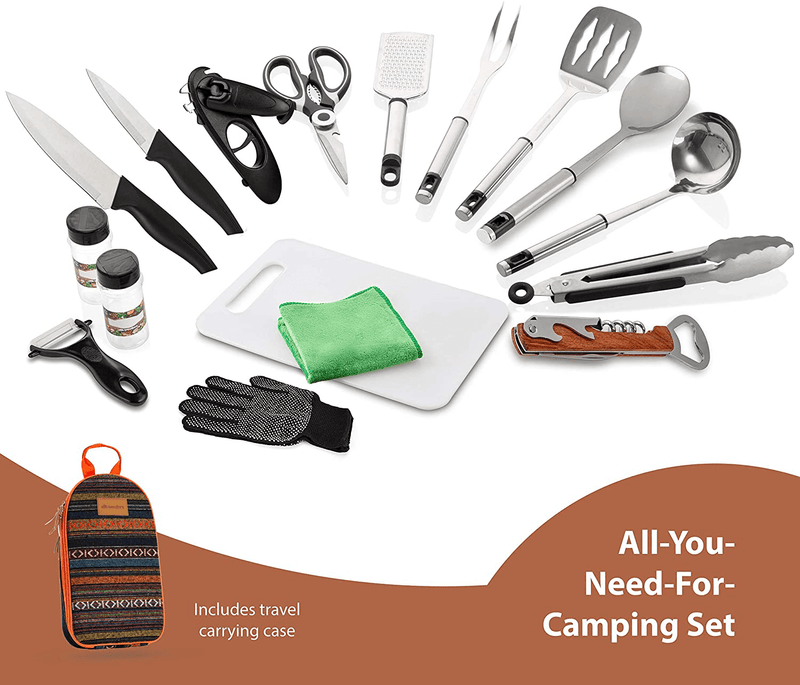 Camp Kitchen Cooking Utensil Set Travel Organizer Grill Accessories Portable Compact Gear for Backpacking BBQ Camping Hiking Travel Cookware Kit Water Resistant Case Sporting Goods > Outdoor Recreation > Camping & Hiking > Camping Tools Wealers   