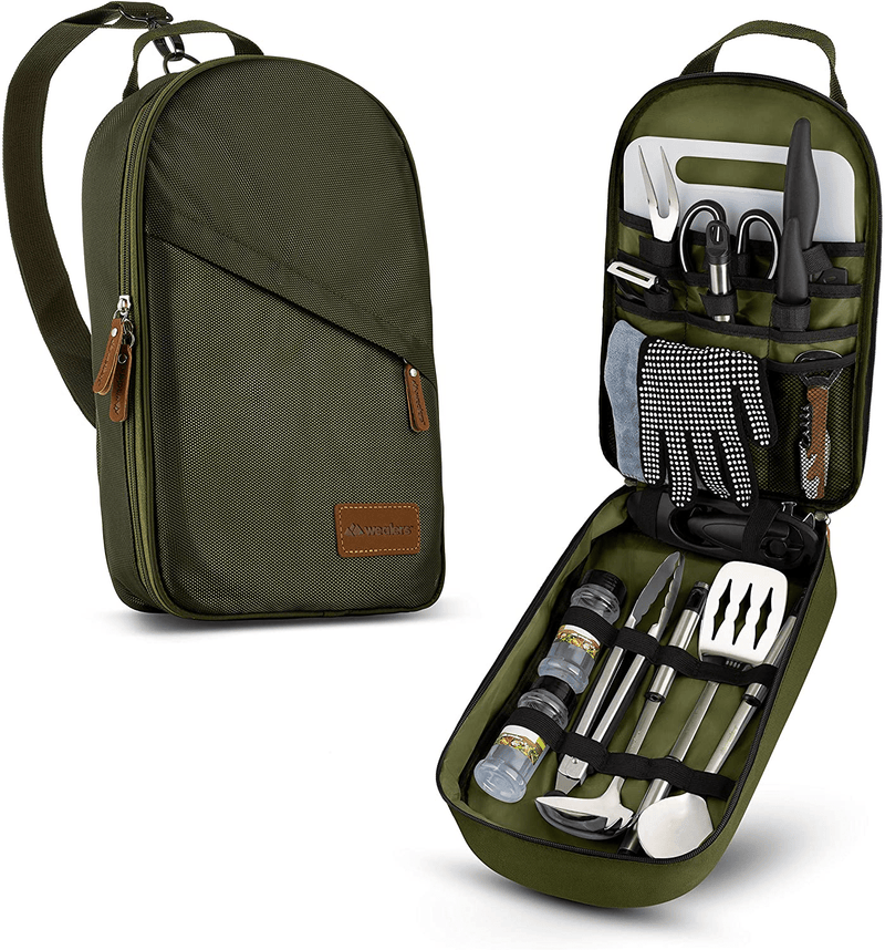 Camp Kitchen Cooking Utensil Set Travel Organizer Grill Accessories Portable Compact Gear for Backpacking BBQ Camping Hiking Travel Cookware Kit Water Resistant Case Sporting Goods > Outdoor Recreation > Camping & Hiking > Camping Tools Wealers Green  