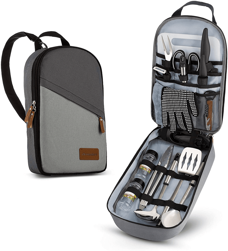 Camp Kitchen Cooking Utensil Set Travel Organizer Grill Accessories Portable Compact Gear for Backpacking BBQ Camping Hiking Travel Cookware Kit Water Resistant Case Sporting Goods > Outdoor Recreation > Camping & Hiking > Camping Tools Wealers Grey  