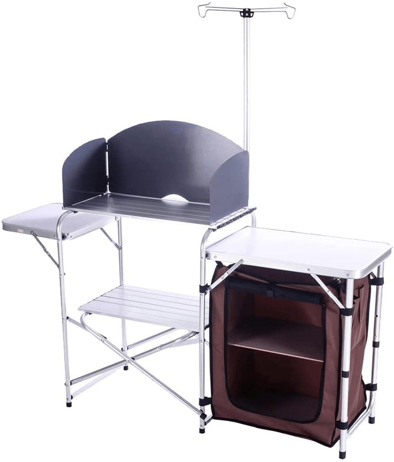 CAMP SOLUTIONS Camp Kitchen Table with Storage Organizer, Outdoor Cooking Table, Grill Tables for Outdoor,Portable Aluminum Windscreen Hooks for BBQ, Party (White) Sporting Goods > Outdoor Recreation > Camping & Hiking > Camp Furniture Camp Solutions   