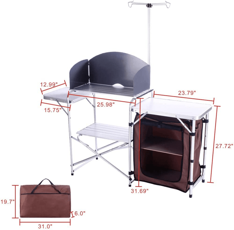 CAMP SOLUTIONS Camp Kitchen Table with Storage Organizer, Outdoor Cooking Table, Grill Tables for Outdoor,Portable Aluminum Windscreen Hooks for BBQ, Party (White) Sporting Goods > Outdoor Recreation > Camping & Hiking > Camp Furniture Camp Solutions   