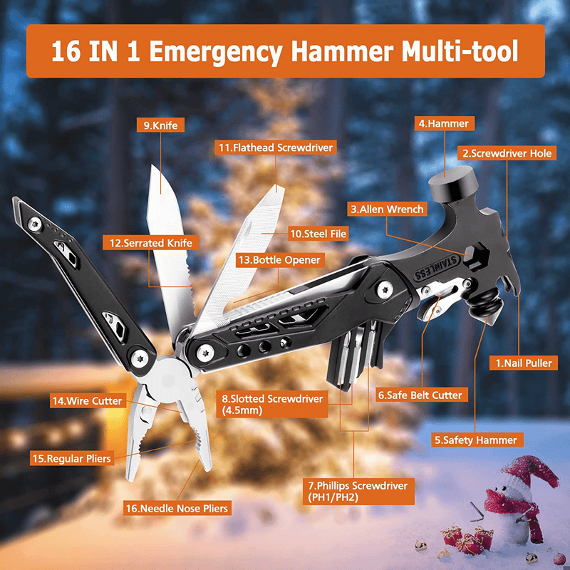 Camping Accessories, 16 in 1 Multitool Hammer, Portable Survival Gear with Durable Sheath, 5-In-1 Paracord Bracelet with Fire Starter, Gifts for Men