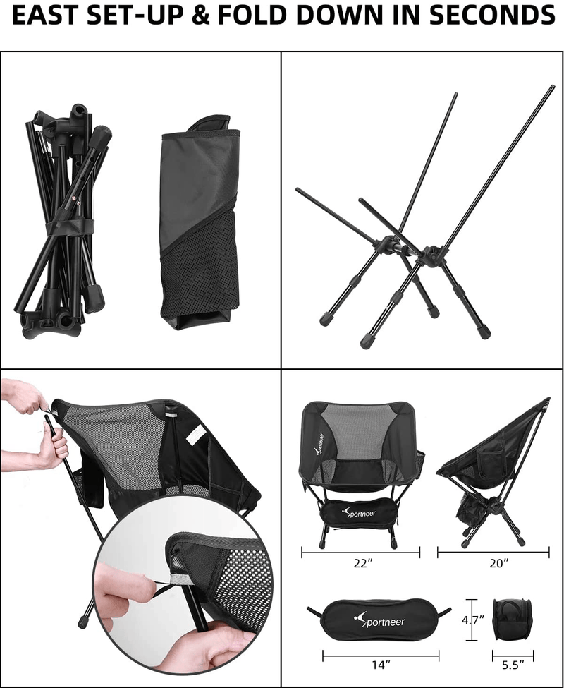 Camping Chairs, Sportneer Folding Backpacking Chair 2 Pack Height Adjustable Portable Ultralight Compact Small Camp Chair for Camping Outdoors Lawn Hiking Beach Travel Sport with Carry Bags (Black) Sporting Goods > Outdoor Recreation > Camping & Hiking > Camp Furniture Sportneer   