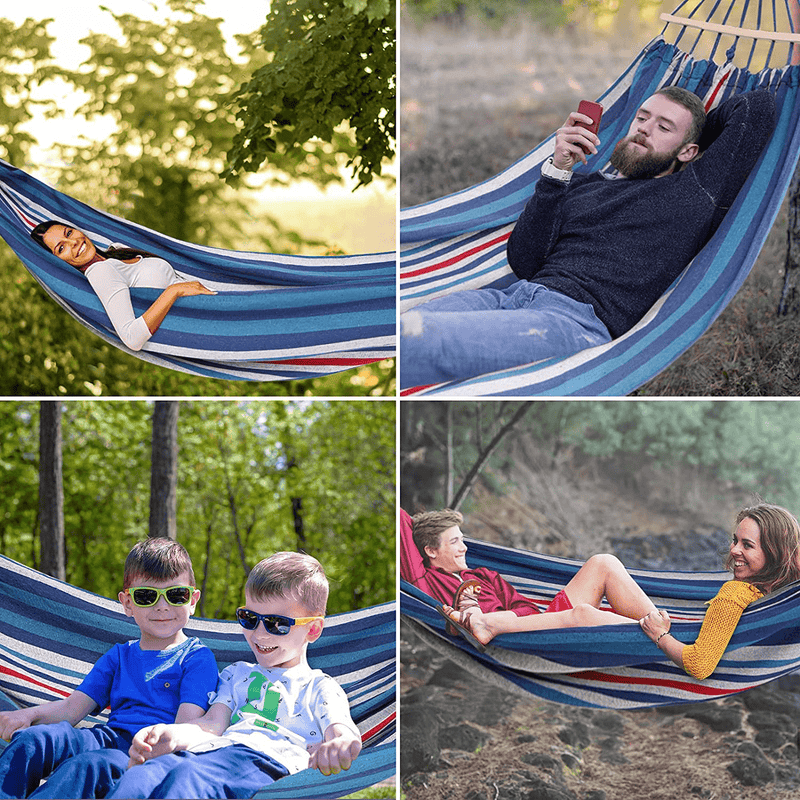 Camping Hammock, 2 Person Cotton Canvas Hammock,Up to 450lbs Portable Hammock with Travel Bag,Perfect for Camping Outdoor/Indoor Patio Backyard (Blue & White) Home & Garden > Lawn & Garden > Outdoor Living > Hammocks FLYTON   