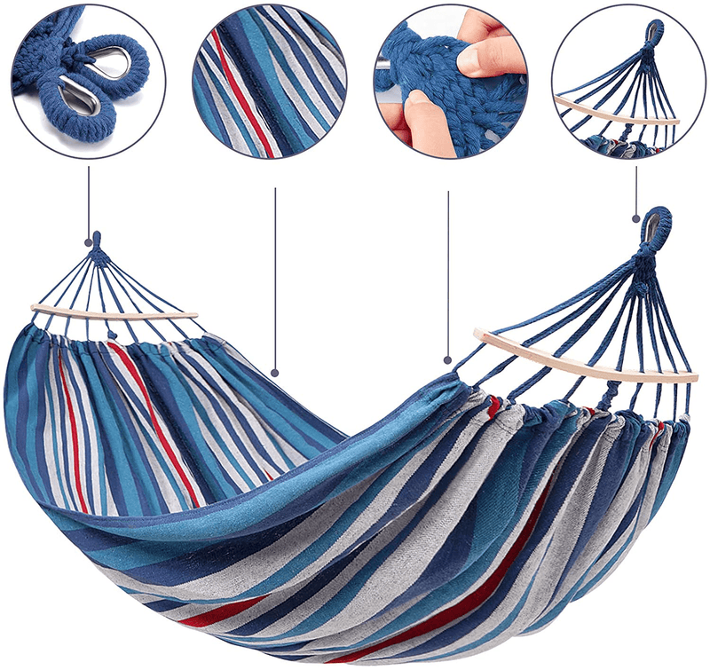 Camping Hammock, 2 Person Cotton Canvas Hammock,Up to 450lbs Portable Hammock with Travel Bag,Perfect for Camping Outdoor/Indoor Patio Backyard (Blue & White)