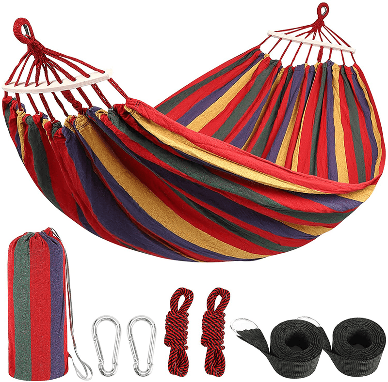 Camping Hammock, 2 Person Cotton Canvas Hammock,Up to 450lbs Portable Hammock with Travel Bag,Perfect for Camping Outdoor/Indoor Patio Backyard (Blue & White) Home & Garden > Lawn & Garden > Outdoor Living > Hammocks FLYTON Red  