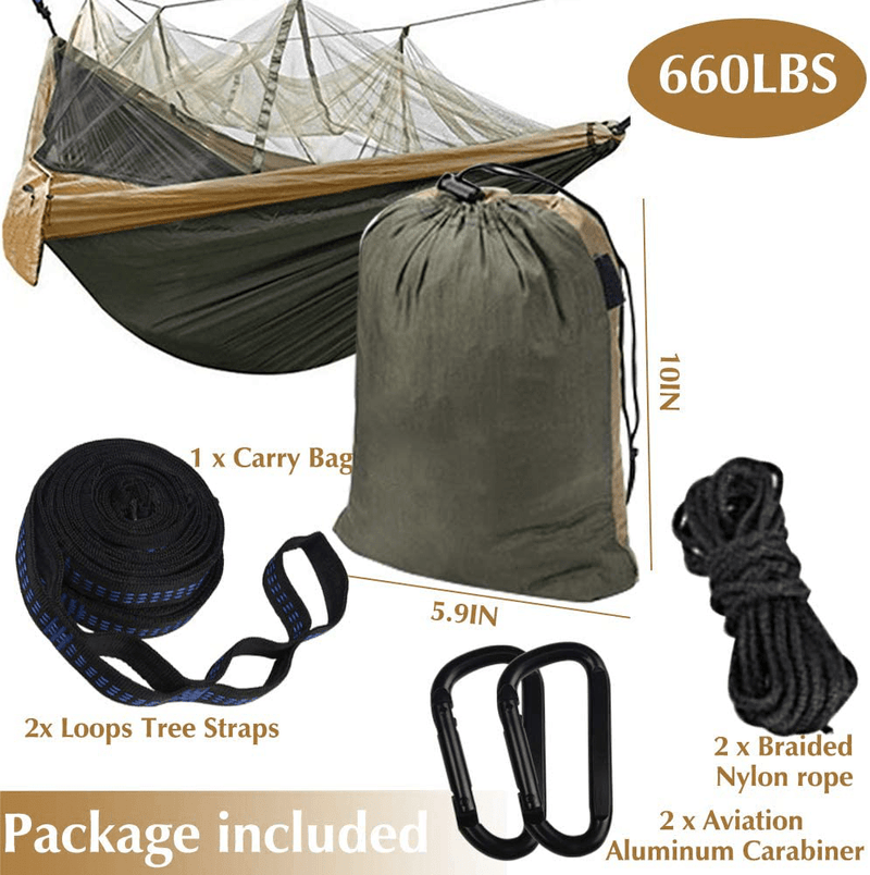 Camping Hammock, Double & Single Hammock with Bug Net/Mosquito, with Travel Portable Tree Straps and Carabiners, Easy Assembly, Lightweight Parachute Nylon Hammocks for Backpacking, Beach, Hiking