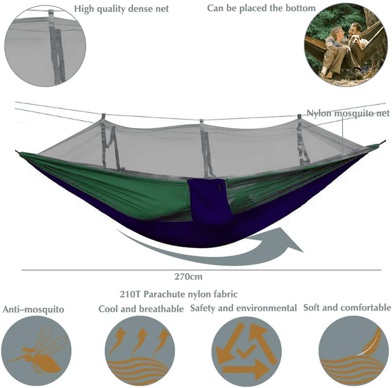 Camping Hammock, Double & Single Hammock with Bug Net/Mosquito, with Travel Portable Tree Straps and Carabiners, Easy Assembly, Lightweight Parachute Nylon Hammocks for Backpacking, Beach, Hiking