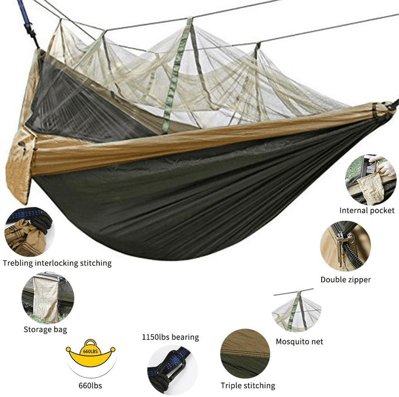 Camping Hammock, Double & Single Hammock with Bug Net/Mosquito, with Travel Portable Tree Straps and Carabiners, Easy Assembly, Lightweight Parachute Nylon Hammocks for Backpacking, Beach, Hiking Sporting Goods > Outdoor Recreation > Camping & Hiking > Mosquito Nets & Insect Screens BOBOLINE   