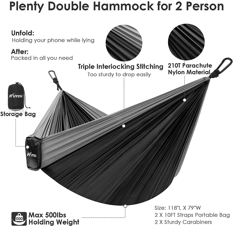 Camping Hammock Double & Single Outdoor Hammocks with 2 Tree Straps Portable Lightweight Nylon Parachute Hammocks for Travel Camping Backpacking Hiking Backyard (Black & Grey) Home & Garden > Lawn & Garden > Outdoor Living > Hammocks KUYOU   