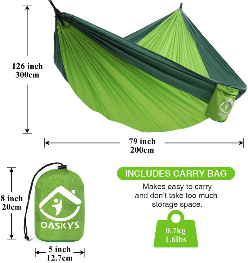 Camping Hammock Double with 2 Tree Straps Made of Portable Lightweight Nylon Parachute for Backpacking,Travel,Beach,Yard and Outdoor Survival (Green) Home & Garden > Lawn & Garden > Outdoor Living > Hammocks oaskys   