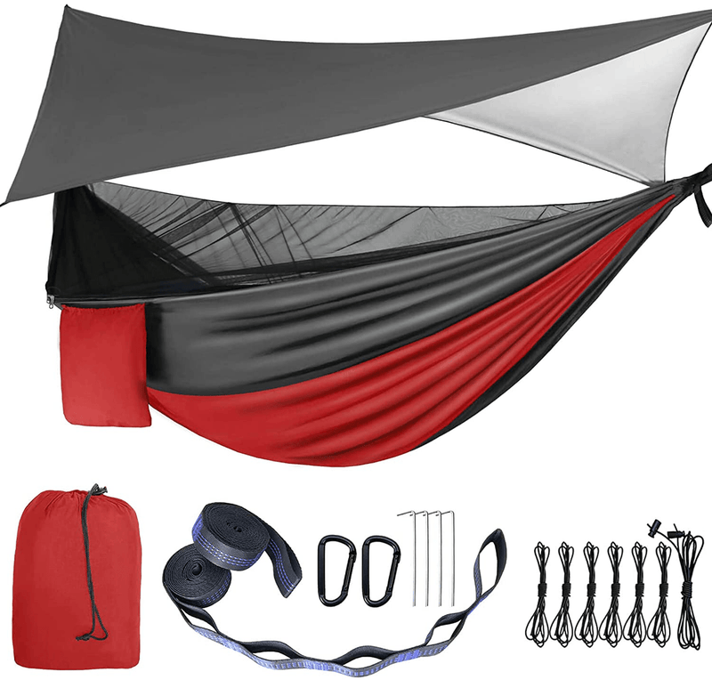 Camping Hammock - Hammocks with Mosquito Net Tent and Rain Fly Tarp, Portable Single & Double Nylon Parachute Hammock with Heavy Duty Tree Strap, Indoor Outdoor Backpacking Survival Travel Sporting Goods > Outdoor Recreation > Camping & Hiking > Mosquito Nets & Insect Screens gymolo Red  