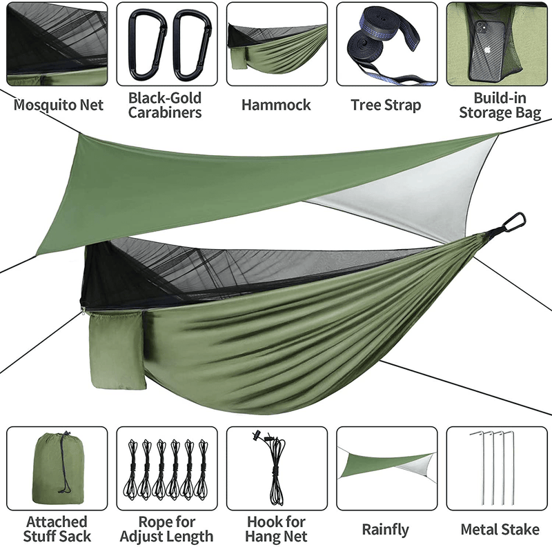 Camping Hammock - Hammocks with Mosquito Net Tent and Rain Fly Tarp, Portable Single & Double Nylon Parachute Hammock with Heavy Duty Tree Strap, Indoor Outdoor Backpacking Survival Travel Sporting Goods > Outdoor Recreation > Camping & Hiking > Mosquito Nets & Insect Screens gymolo   