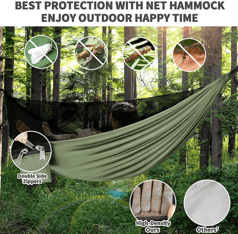 Camping Hammock - Hammocks with Mosquito Net Tent and Rain Fly Tarp, Portable Single & Double Nylon Parachute Hammock with Heavy Duty Tree Strap, Indoor Outdoor Backpacking Survival Travel