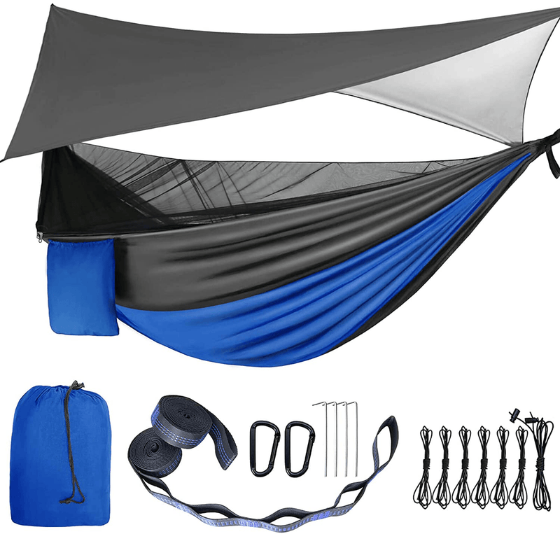 Camping Hammock - Hammocks with Mosquito Net Tent and Rain Fly Tarp, Portable Single & Double Nylon Parachute Hammock with Heavy Duty Tree Strap, Indoor Outdoor Backpacking Survival Travel Sporting Goods > Outdoor Recreation > Camping & Hiking > Mosquito Nets & Insect Screens gymolo Blue  