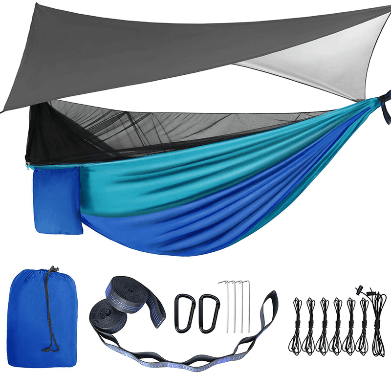Camping Hammock - Hammocks with Mosquito Net Tent and Rain Fly Tarp, Portable Single & Double Nylon Parachute Hammock with Heavy Duty Tree Strap, Indoor Outdoor Backpacking Survival Travel Sporting Goods > Outdoor Recreation > Camping & Hiking > Mosquito Nets & Insect Screens gymolo Light Blue  