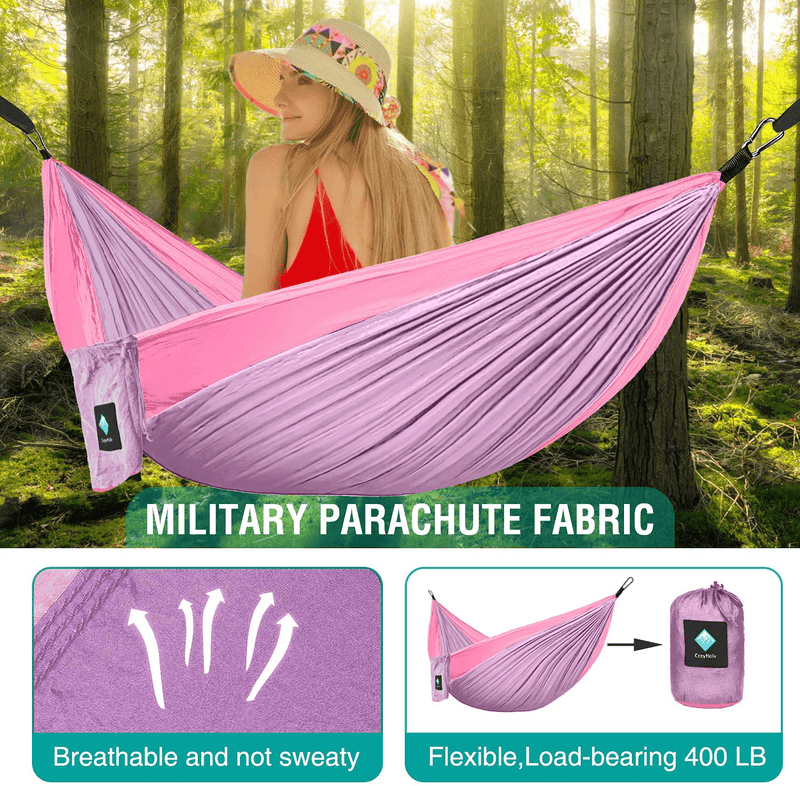 Camping Hammock, Single Portable Parachute Hammocks for Outdoor Hiking Travel Backpacking - 210D Nylon Hammock Swing for Backyard & Garden 55''W108''L (Purple/Pink)