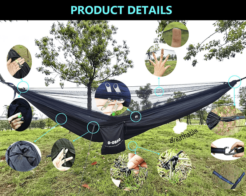 Camping Hammock with Mosquito/Bug Net,Lightweight Portable Single/ Double Parachute Hammock with 2 Tree Straps,Net Hammock for Indoor,Outdoor,Backyard,Hiking,Backpack,Travel,Jungle,Tree,Beach