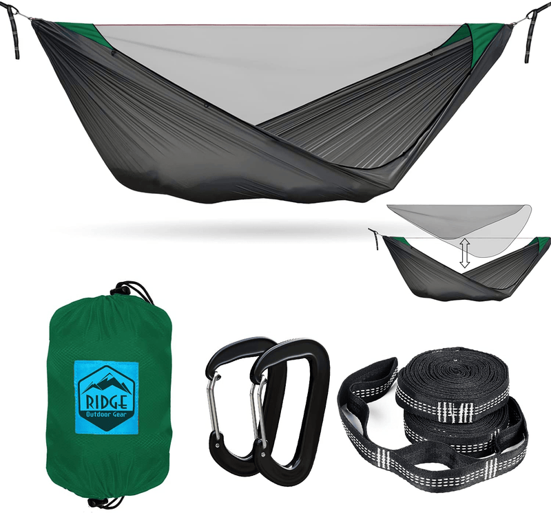 Camping Hammock with Mosquito Net, 11 Ft, Ultralight Hammock Tent with Bug Netting, Straps, Carabiners, Structural UHMWPE Ridgeline, Ripstop Nylon (Green 360 Removable Net) Sporting Goods > Outdoor Recreation > Camping & Hiking > Mosquito Nets & Insect Screens Ridge Outdoor Gear Green 360 Removable Net  