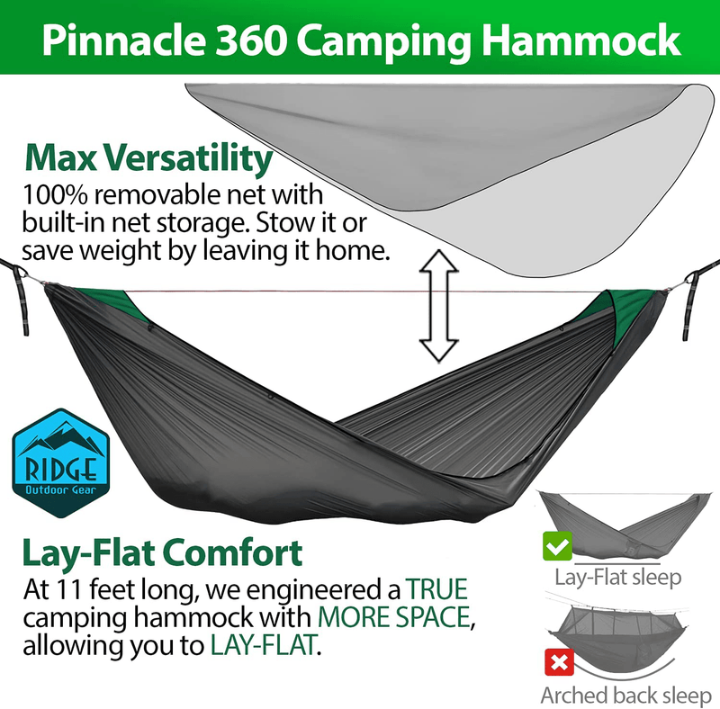 Camping Hammock with Mosquito Net, 11 Ft, Ultralight Hammock Tent with Bug Netting, Straps, Carabiners, Structural UHMWPE Ridgeline, Ripstop Nylon (Green 360 Removable Net)