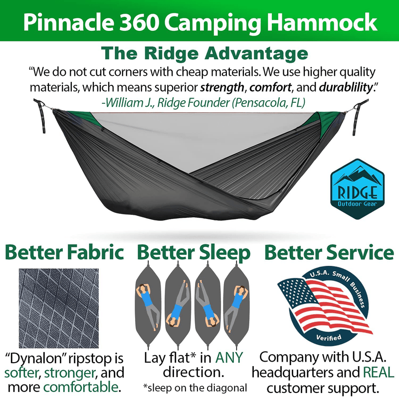 Camping Hammock with Mosquito Net, 11 Ft, Ultralight Hammock Tent with Bug Netting, Straps, Carabiners, Structural UHMWPE Ridgeline, Ripstop Nylon (Green 360 Removable Net) Sporting Goods > Outdoor Recreation > Camping & Hiking > Mosquito Nets & Insect Screens Ridge Outdoor Gear   